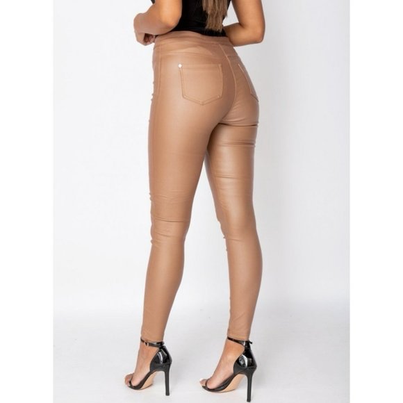 Camel Vegan Leather Faux Leather Coated High Waist Skinny Pants - Picture 5 of 9